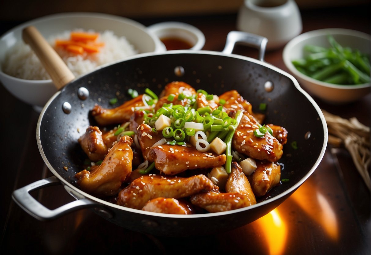 A sizzling wok with marinated chicken legs, surrounded by soy sauce, ginger, garlic, and green onions
