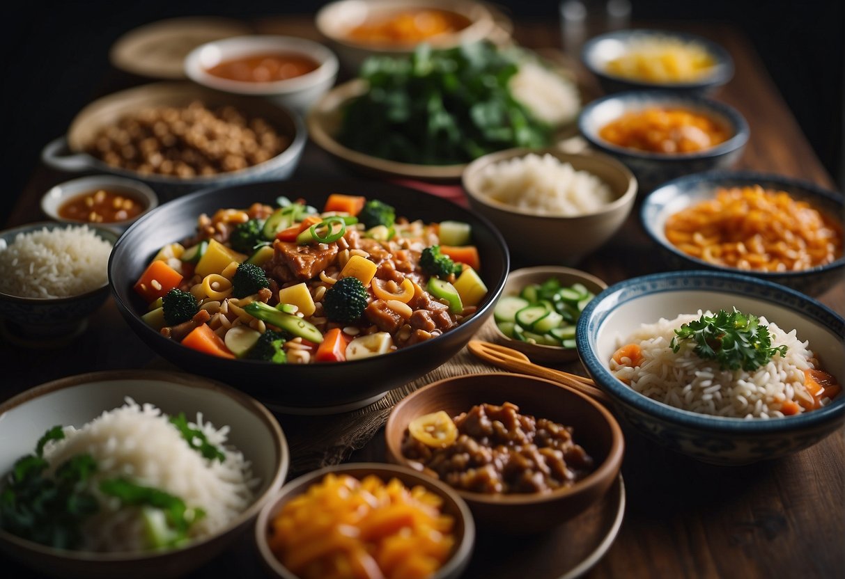 A colorful array of popular Chinese vegetarian dishes, including mock meat recipes, spread out on a table
