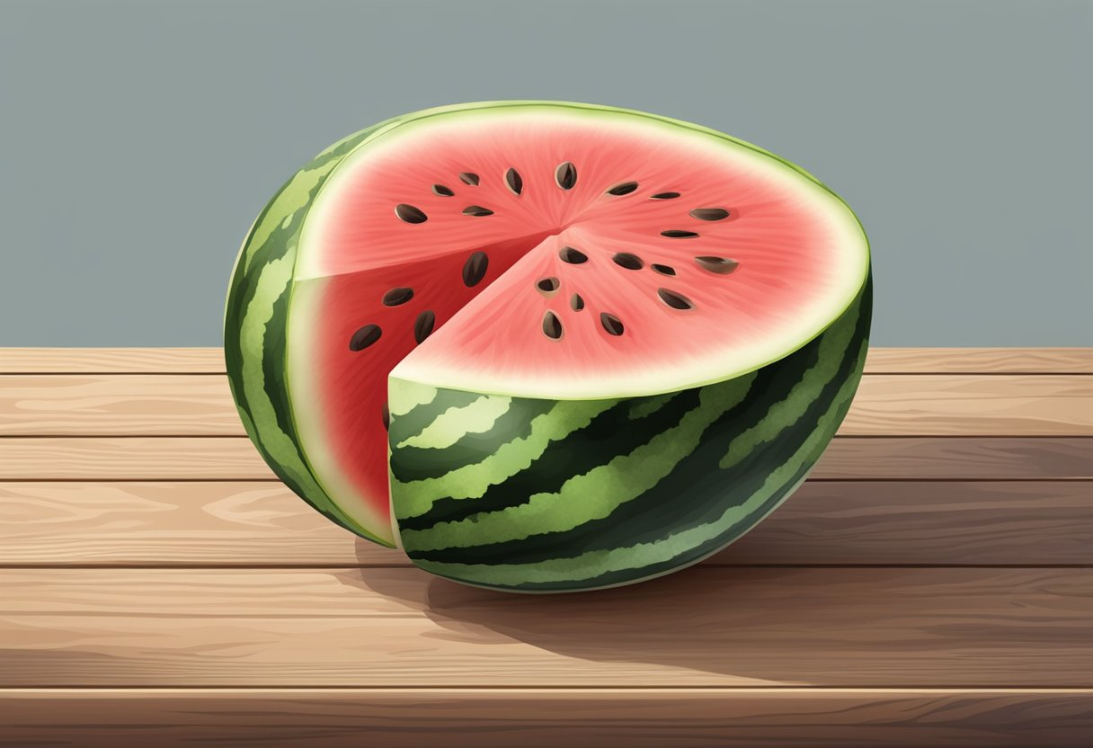 A ripe watermelon with brown spots lies on a wooden table