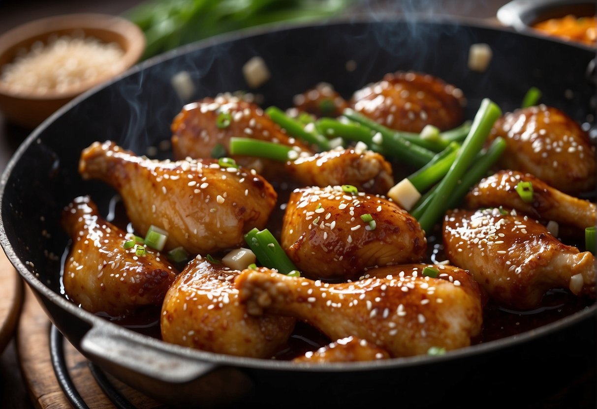 Chicken legs marinated in soy sauce, ginger, and garlic. Searing in a hot wok, then simmering in a savory sauce until tender. Garnished with green onions and sesame seeds