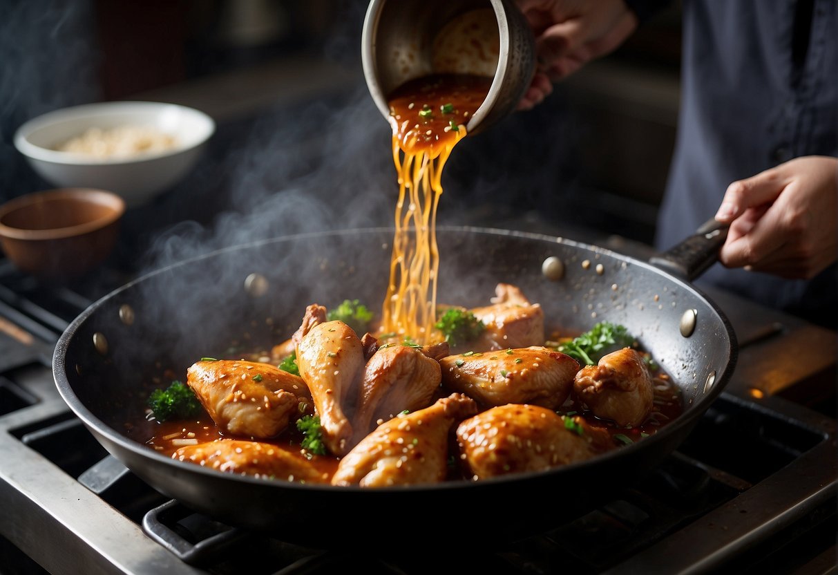 Chicken legs sizzling in a wok with ginger, garlic, and soy sauce. Steam rises as they are flipped and coated in the savory sauce