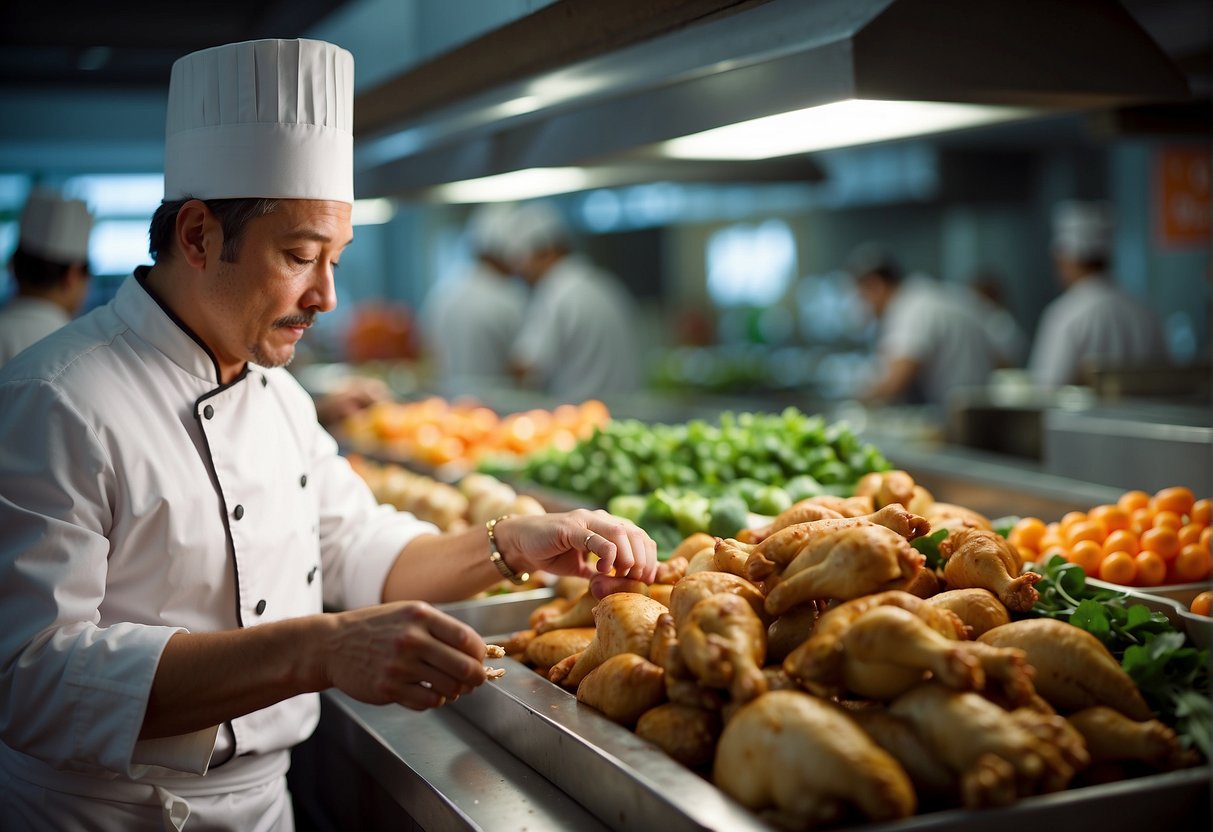 A chef browses the market, selecting fresh chicken legs and vibrant Chinese ingredients for a flavorful recipe