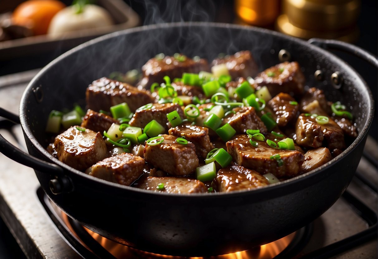Chicken livers sizzle in a wok with ginger, garlic, and green onions. A splash of soy sauce adds a savory aroma to the dish