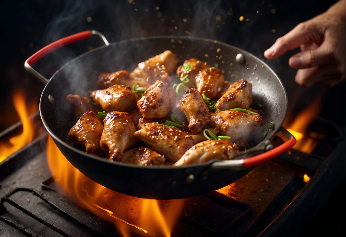 A sizzling wok tosses marinated chicken legs with aromatic Chinese spices, filling the air with a mouthwatering aroma