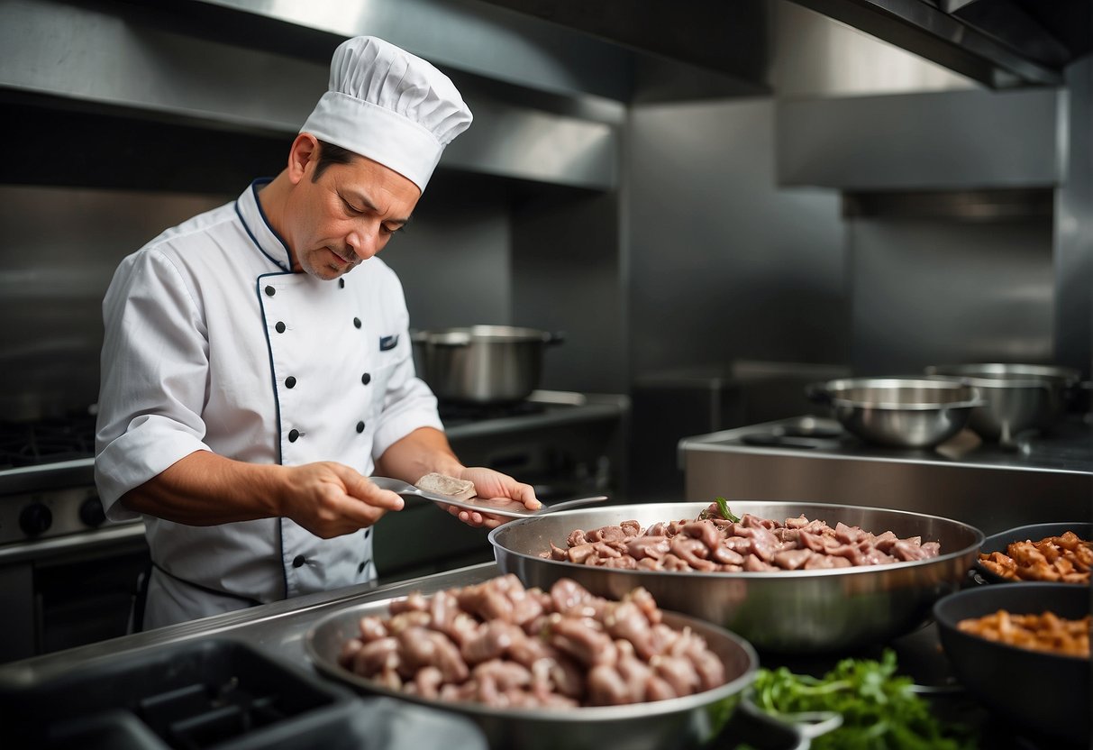 A chef carefully inspects and selects fresh chicken livers from a pile, preparing for a Chinese chicken liver recipe