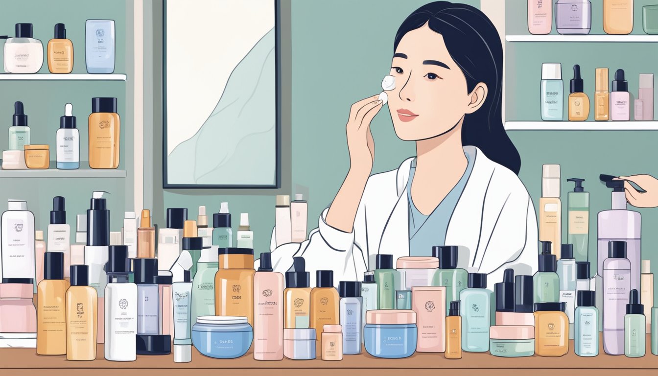 A woman applies Korean skincare products to her face, focusing on addressing skin concerns. Various bottles and jars of top Korean skincare brands are neatly arranged on a vanity table