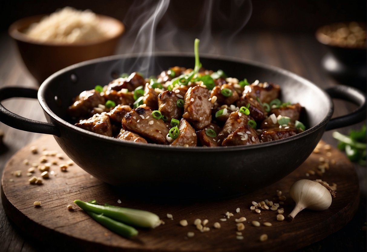 Chicken livers sizzle in a hot wok with garlic, ginger, and soy sauce, creating a fragrant and savory aroma. Chopped scallions and sesame seeds sit nearby for garnish