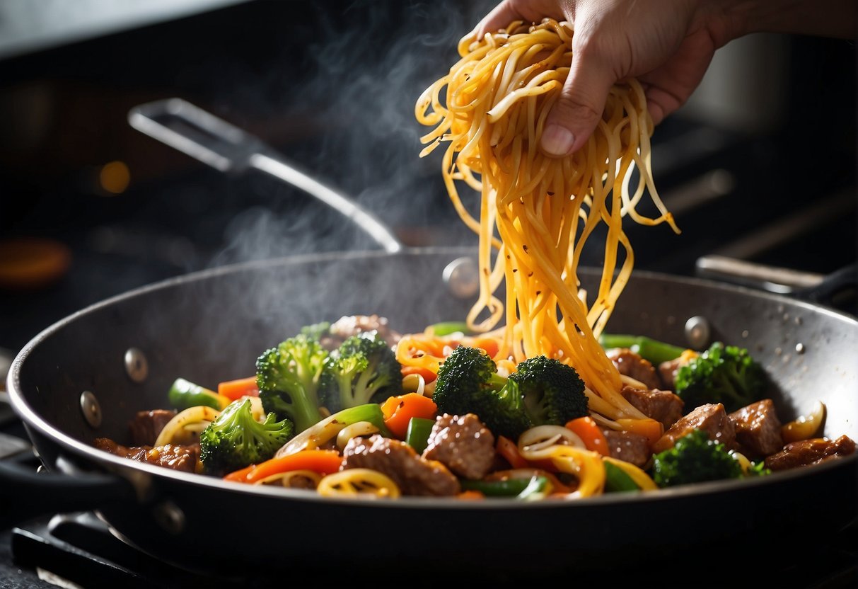A chef stir-fries vegetarian mock meat with aromatic spices in a sizzling wok, adding a splash of soy sauce for flavor