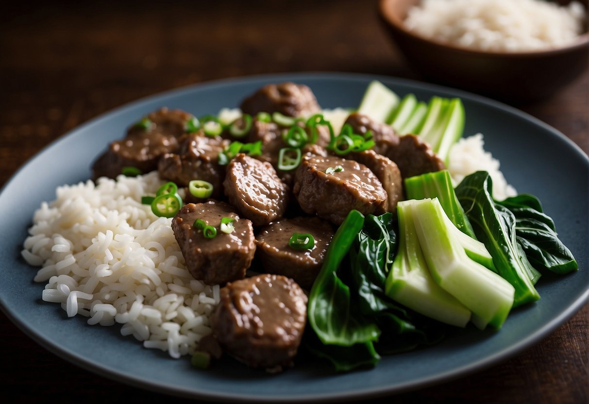A platter of sautéed chicken livers with ginger, garlic, and green onions. Accompanied by a side of steamed bok choy and a bowl of fluffy white rice