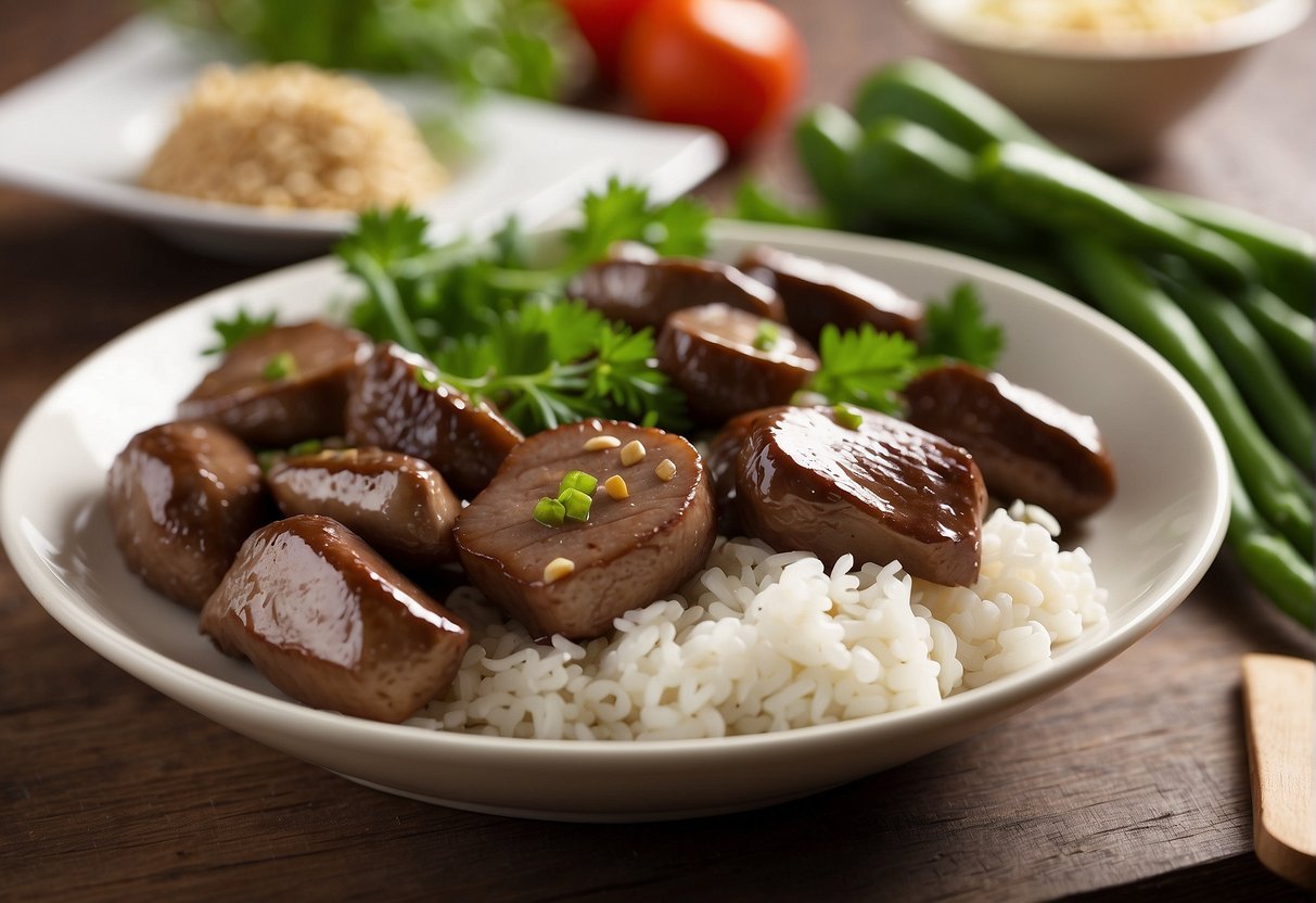 A plate of Chinese chicken liver recipe with a side of vegetables, accompanied by a label showing its nutritional information and health benefits