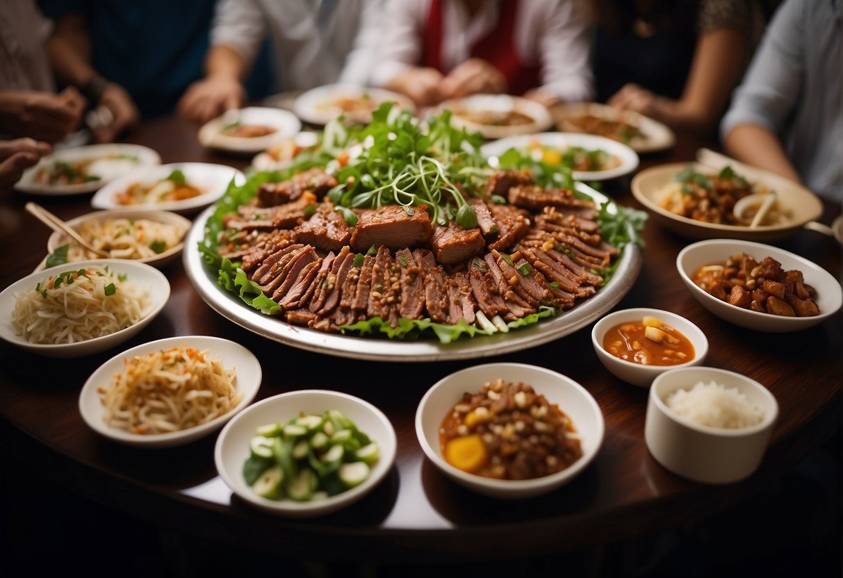 A table filled with various Chinese vegetarian mock meat dishes, surrounded by eager diners asking questions