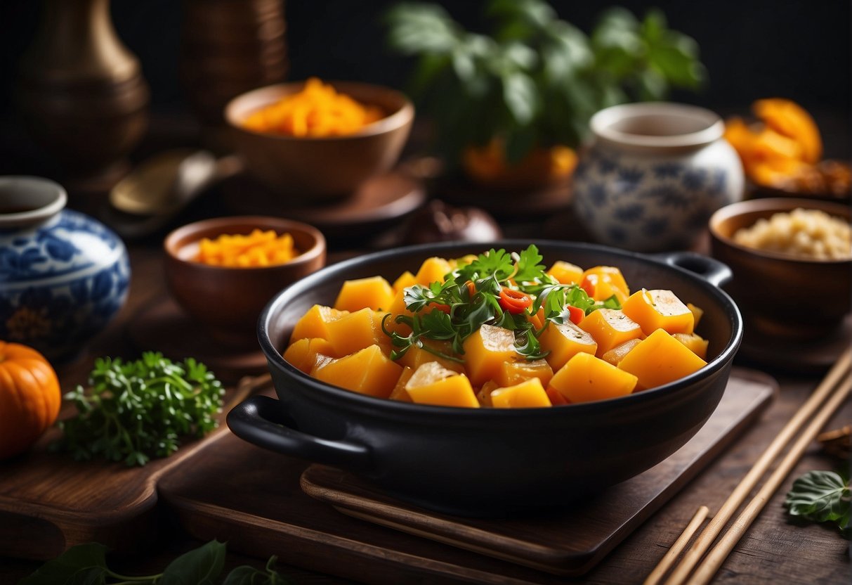 A table set with a steaming bowl of Chinese vegetarian pumpkin dish, surrounded by colorful ingredients and traditional Chinese cookware