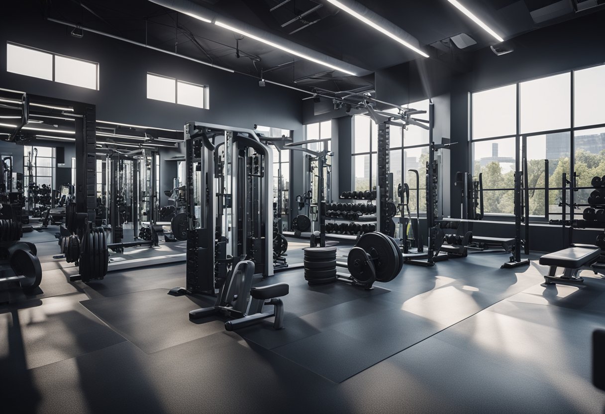 An advanced gym program: barbells, weight machines, cardio equipment, and exercise mats in a spacious, well-lit fitness studio