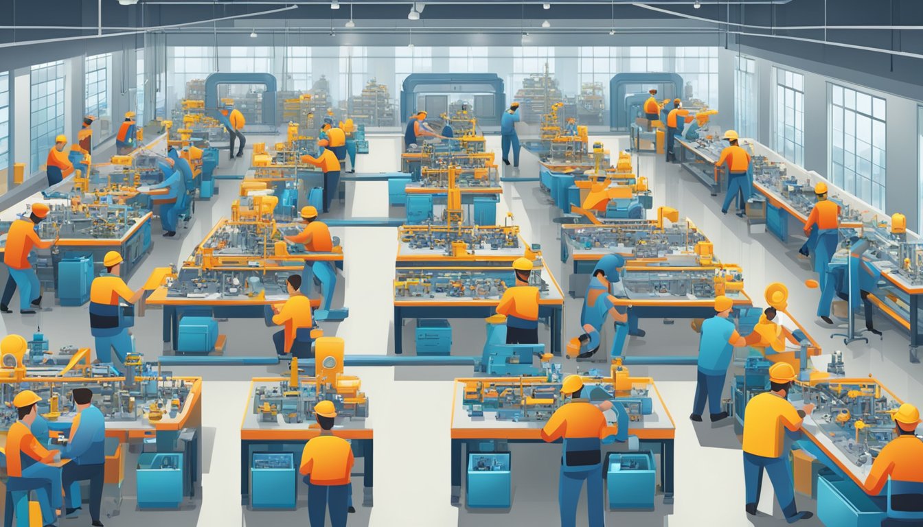 A vibrant factory floor with workers assembling colorful ToyWatch timepieces, surrounded by shelves of watch components and buzzing machinery