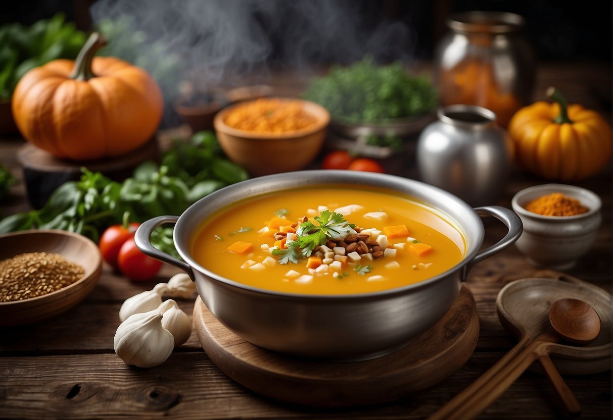 A steaming pot of Chinese vegetarian pumpkin soup, with fragrant spices and herbs, sits on a rustic wooden table, surrounded by colorful fresh vegetables and traditional cooking utensils