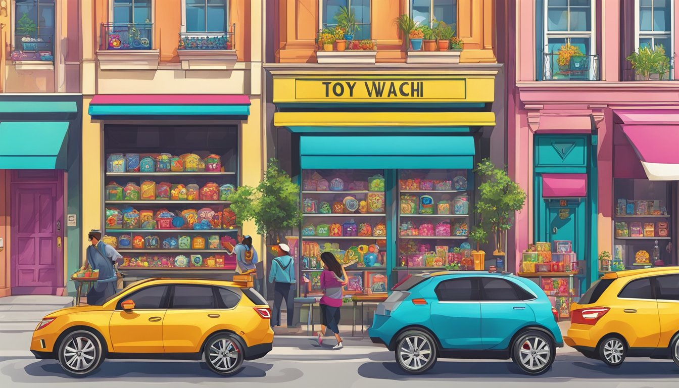 A vibrant and trendy toy watch brand displayed in a chic, bustling urban setting