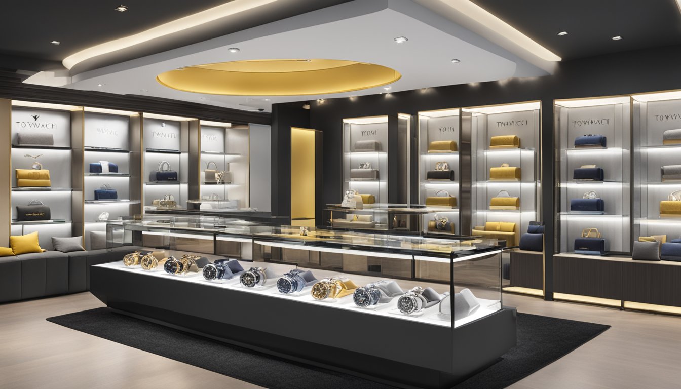 A brightly lit display case showcases ToyWatch brand watches in a trendy boutique setting. The watches are arranged neatly on velvet cushions, with sleek modern signage above