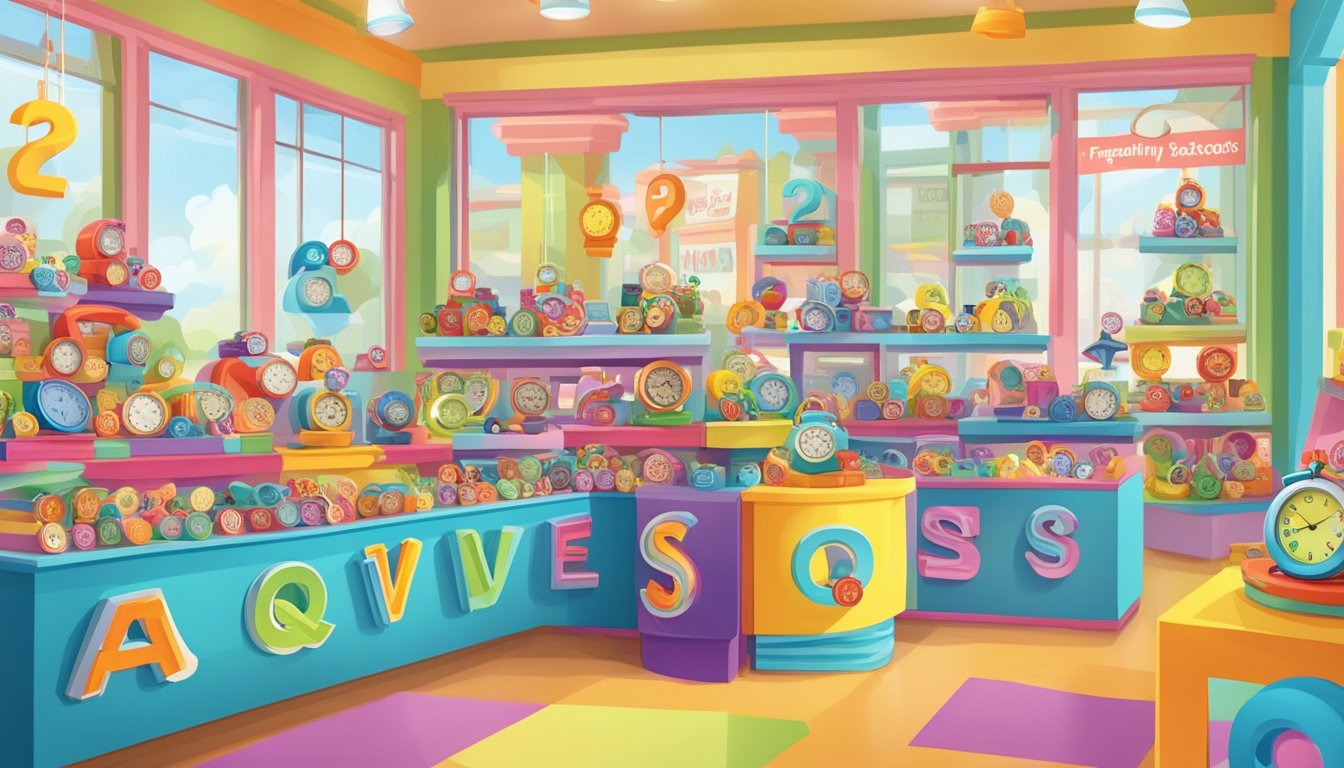 A colorful display of toy watches with a sign reading "Frequently Asked Questions" in a bright and inviting store setting