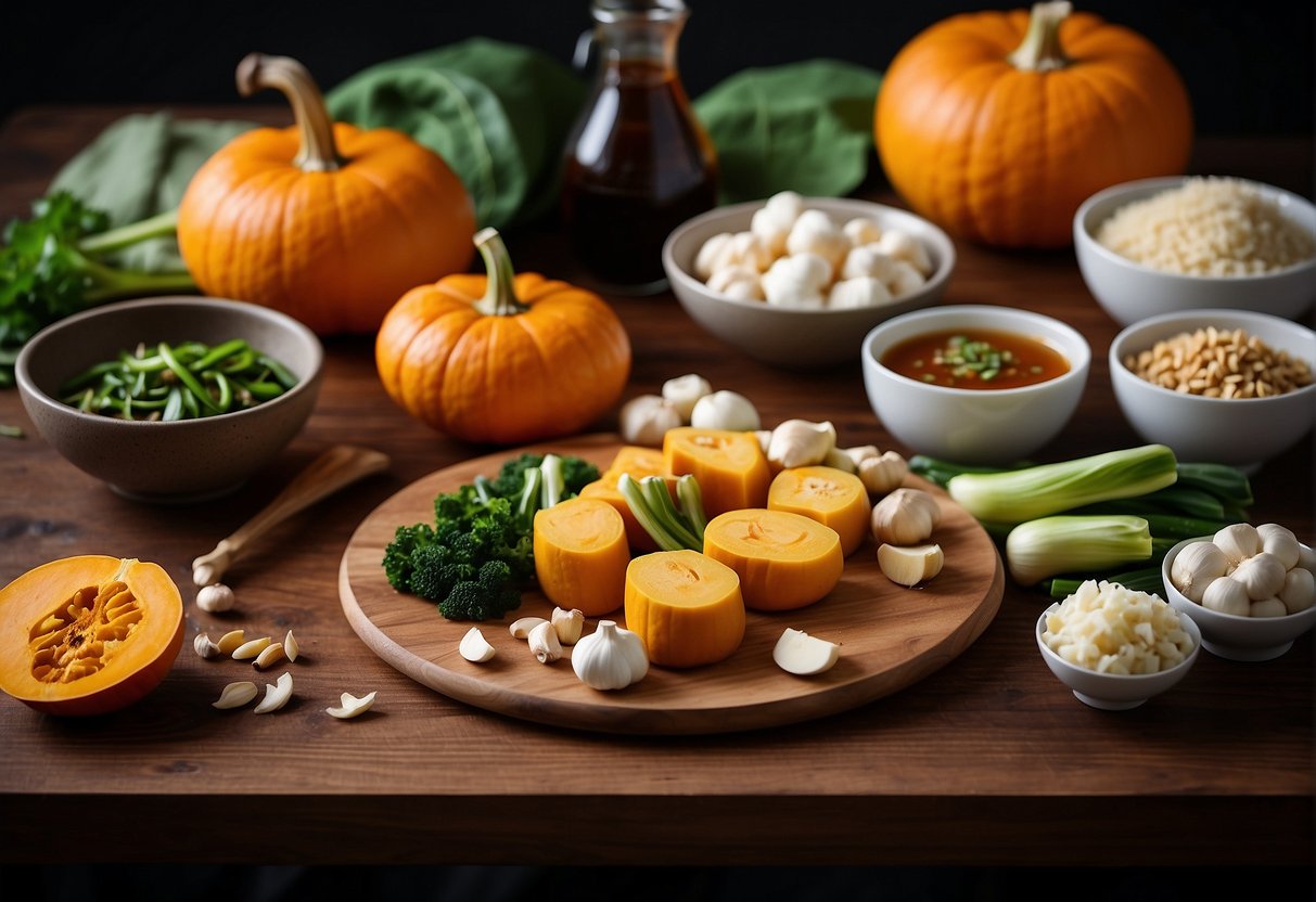 A table with fresh pumpkin, tofu, soy sauce, garlic, ginger, and scallions. Ingredients like mushrooms and bok choy can be seen as possible substitutes