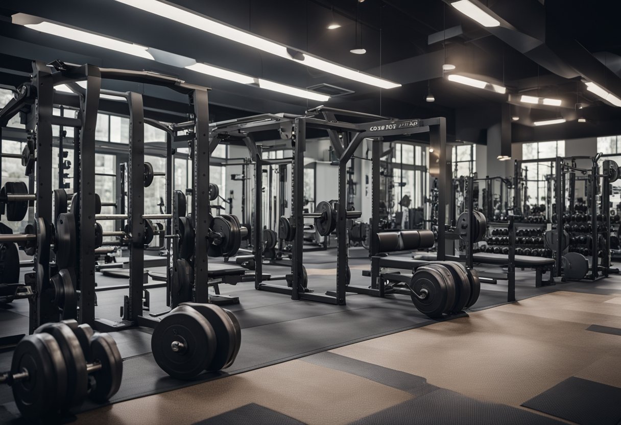 An advanced workout program at the gym, with various weightlifting equipment and machines arranged in a spacious and well-lit area