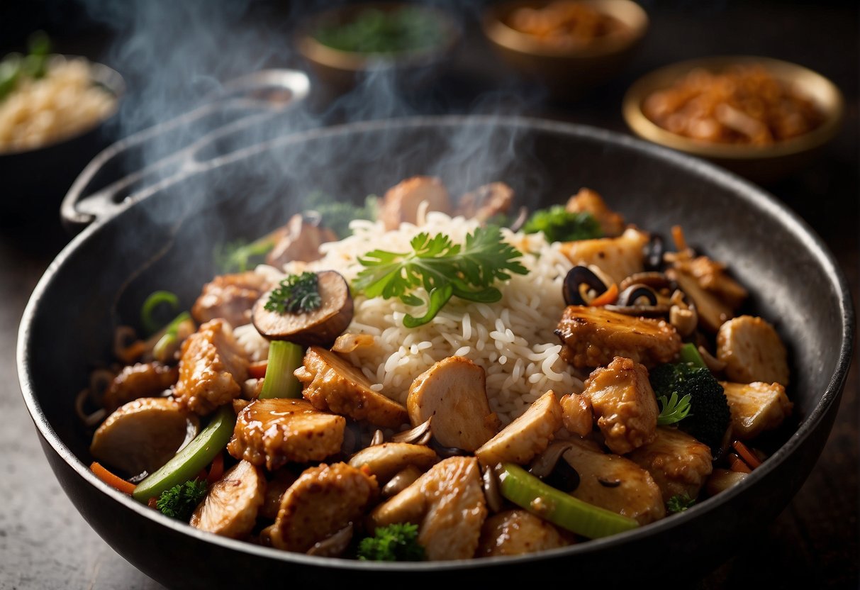 A wok sizzles with stir-fried chicken, mushrooms, and rice, infused with savory Chinese flavors