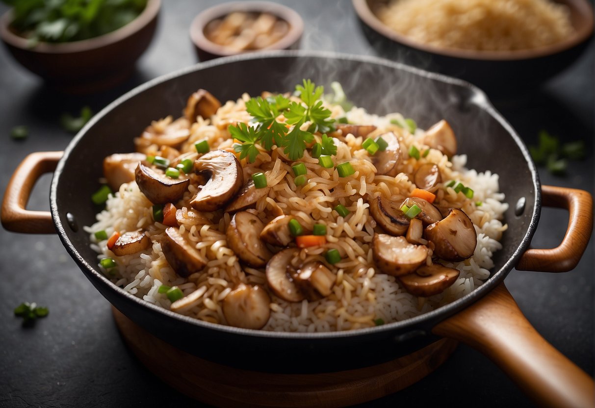A sizzling wok tosses chunks of chicken, mushrooms, and rice in a fragrant blend of Chinese spices, creating a mouthwatering chicken mushroom rice dish