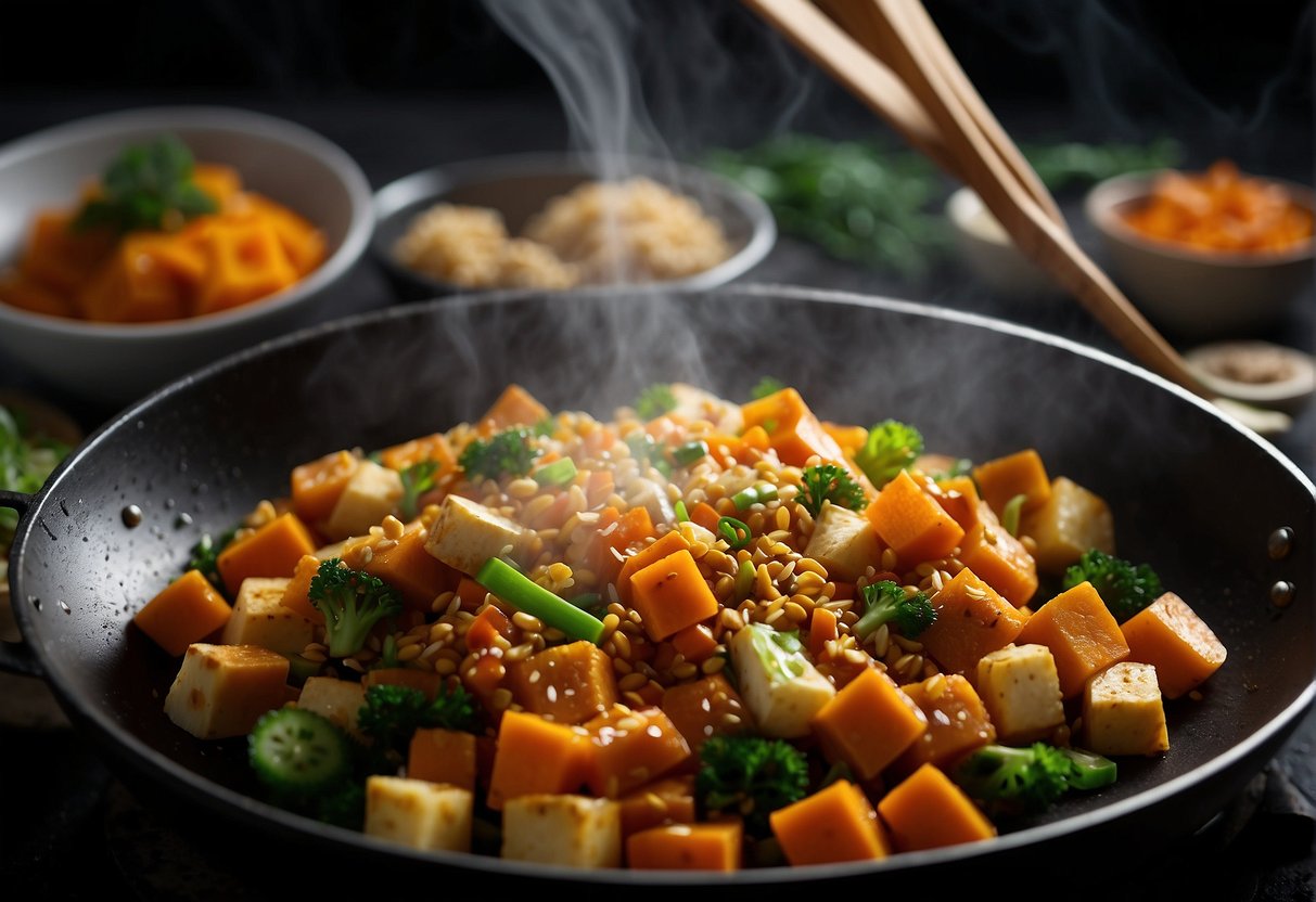 A steaming wok sizzles with diced pumpkin, tofu, and Chinese spices. A chef's hand sprinkles green onions on the finished dish