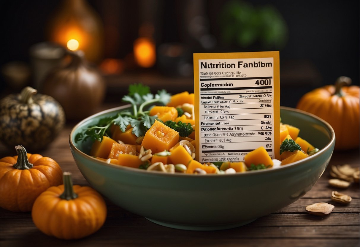 A table displays the nutritional information of a Chinese vegetarian pumpkin dish, surrounded by images of fresh ingredients and a list of health benefits