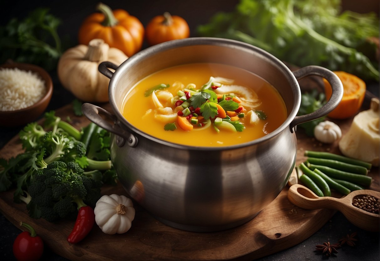 A steaming pot of Chinese vegetarian pumpkin soup, surrounded by a variety of fresh vegetables and aromatic spices