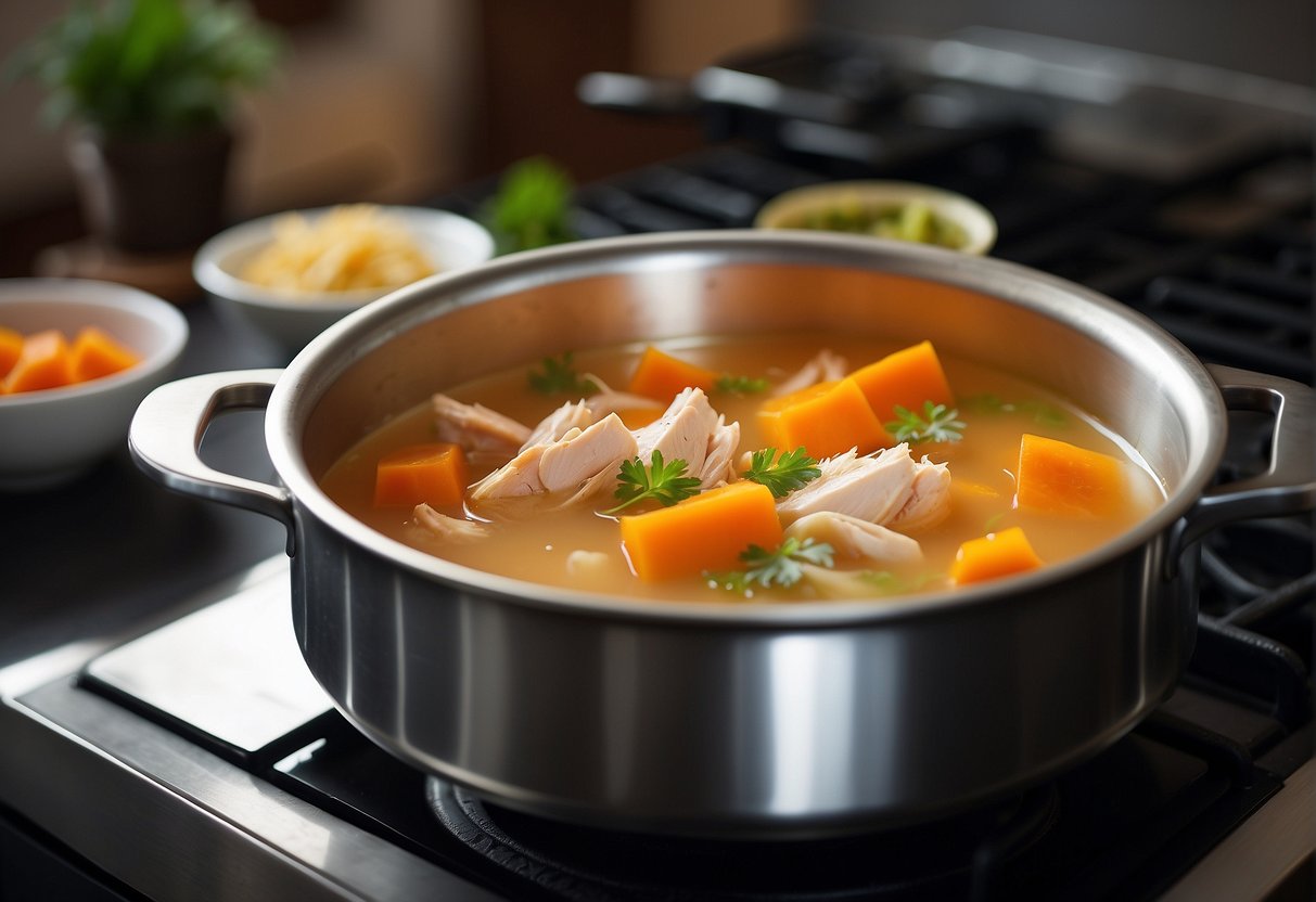 A pot of chicken papaya soup simmers on a stove, filled with chunks of tender chicken, ripe papaya, and fragrant Chinese herbs
