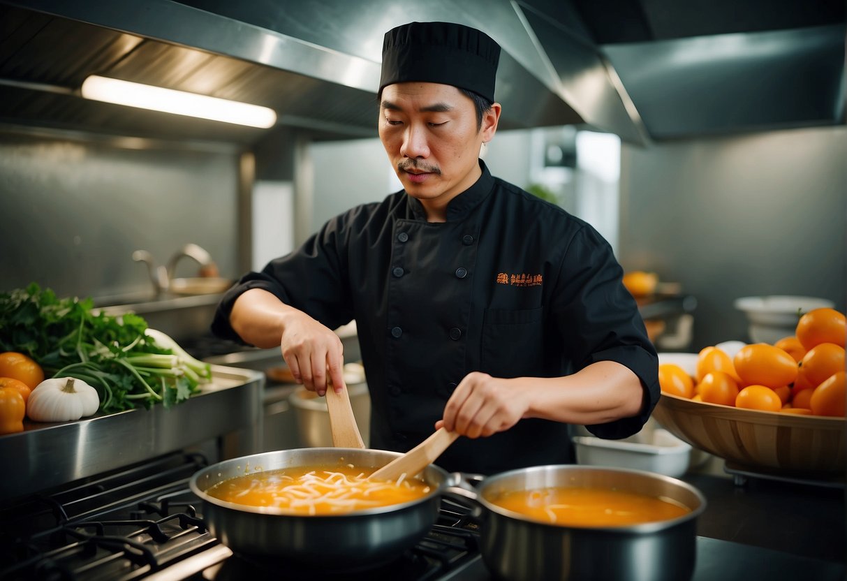A Chinese chef prepares chicken papaya soup, using traditional ingredients and techniques. The kitchen is filled with the aroma of simmering broth and fresh produce