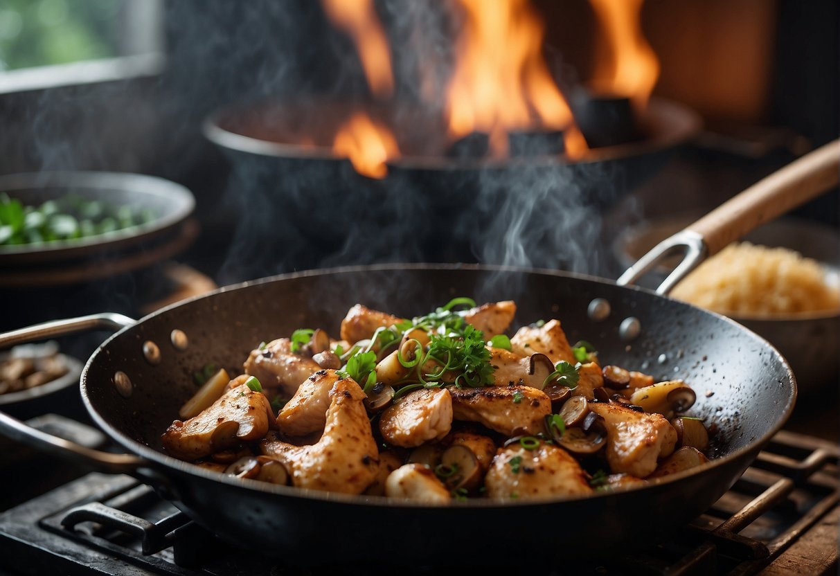 Chicken and mushrooms sizzle in a wok with rice and Chinese spices