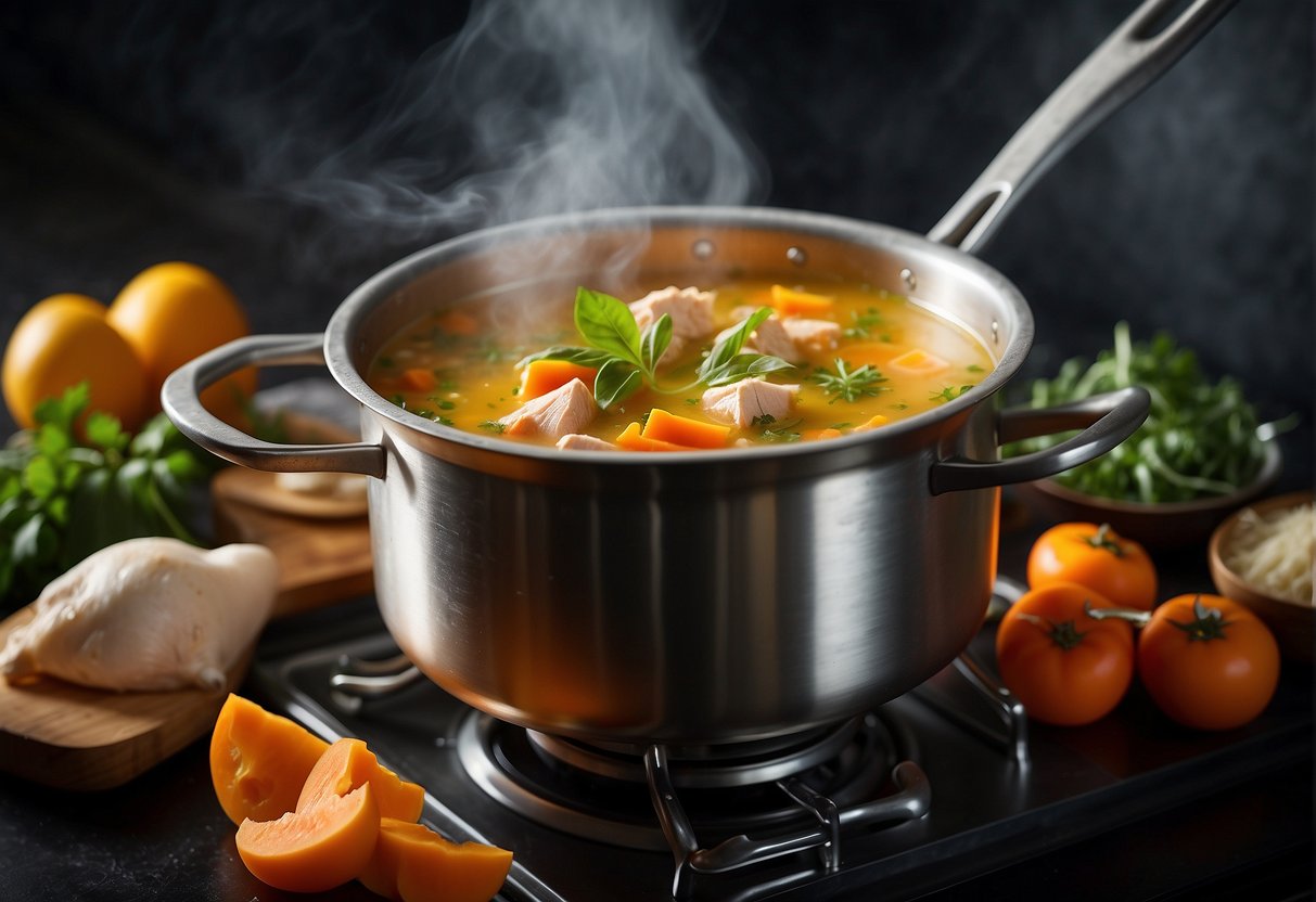 A pot simmers on a stove, filled with chicken, papaya, and various herbs. Steam rises as the ingredients meld together, creating a fragrant and hearty soup