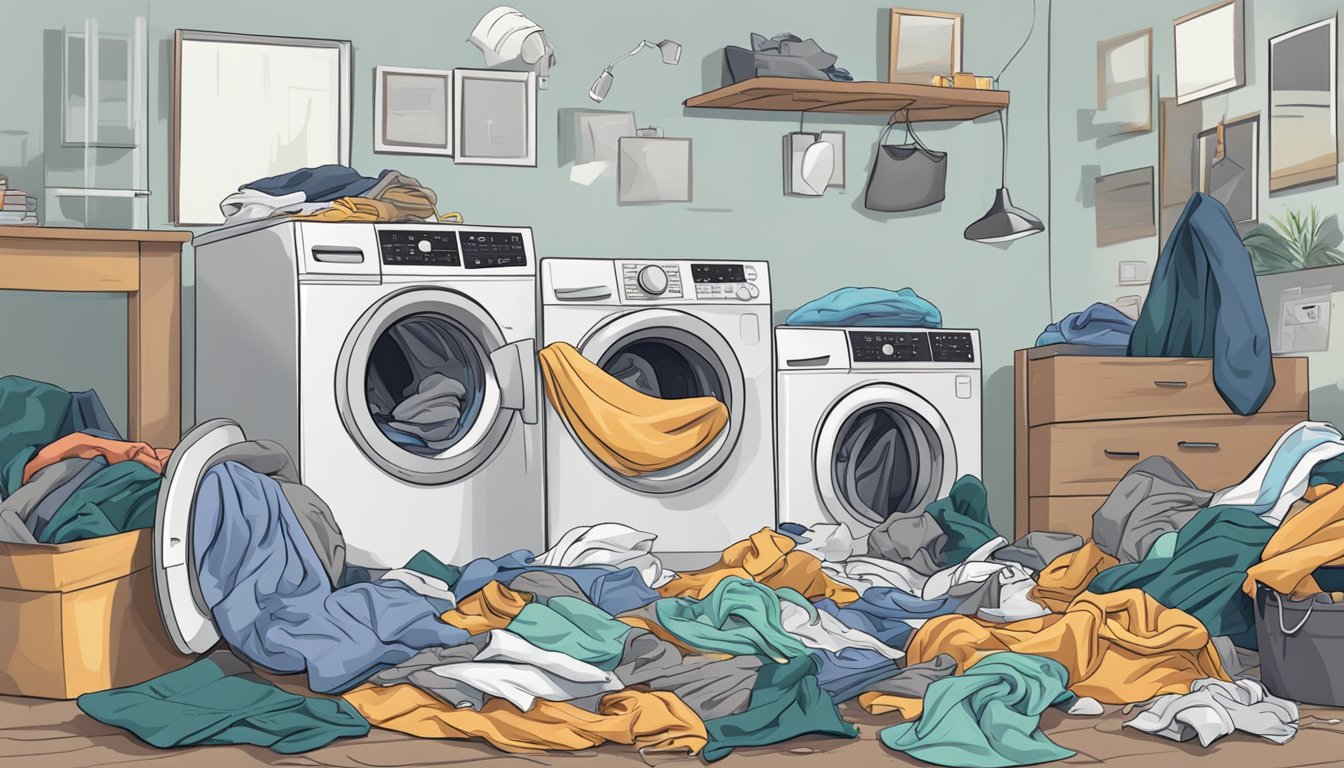A broken washing machine spilling water, surrounded by tangled clothes and a frustrated user
