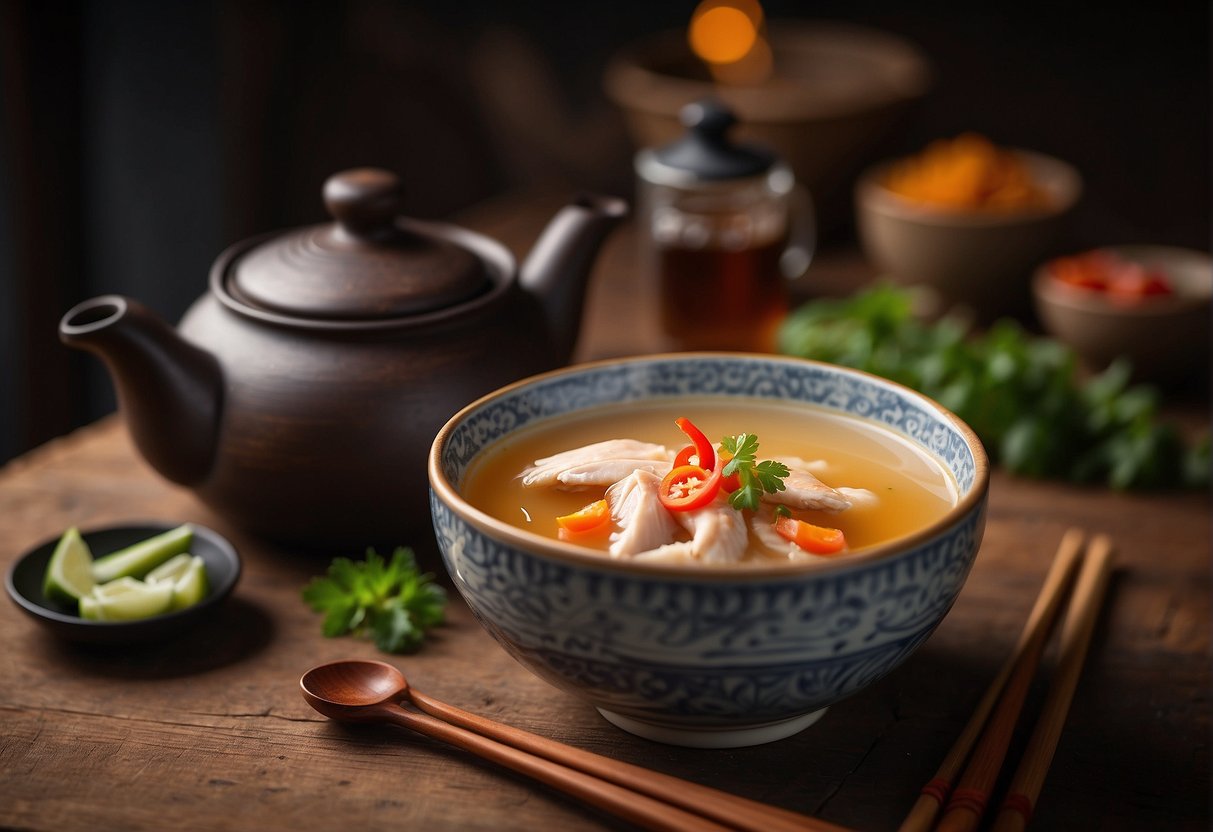 A steaming bowl of chicken papaya soup sits on a rustic wooden table, accompanied by a pair of chopsticks and a small dish of chili oil. A teapot and cups are arranged nearby, ready for a traditional Chinese meal