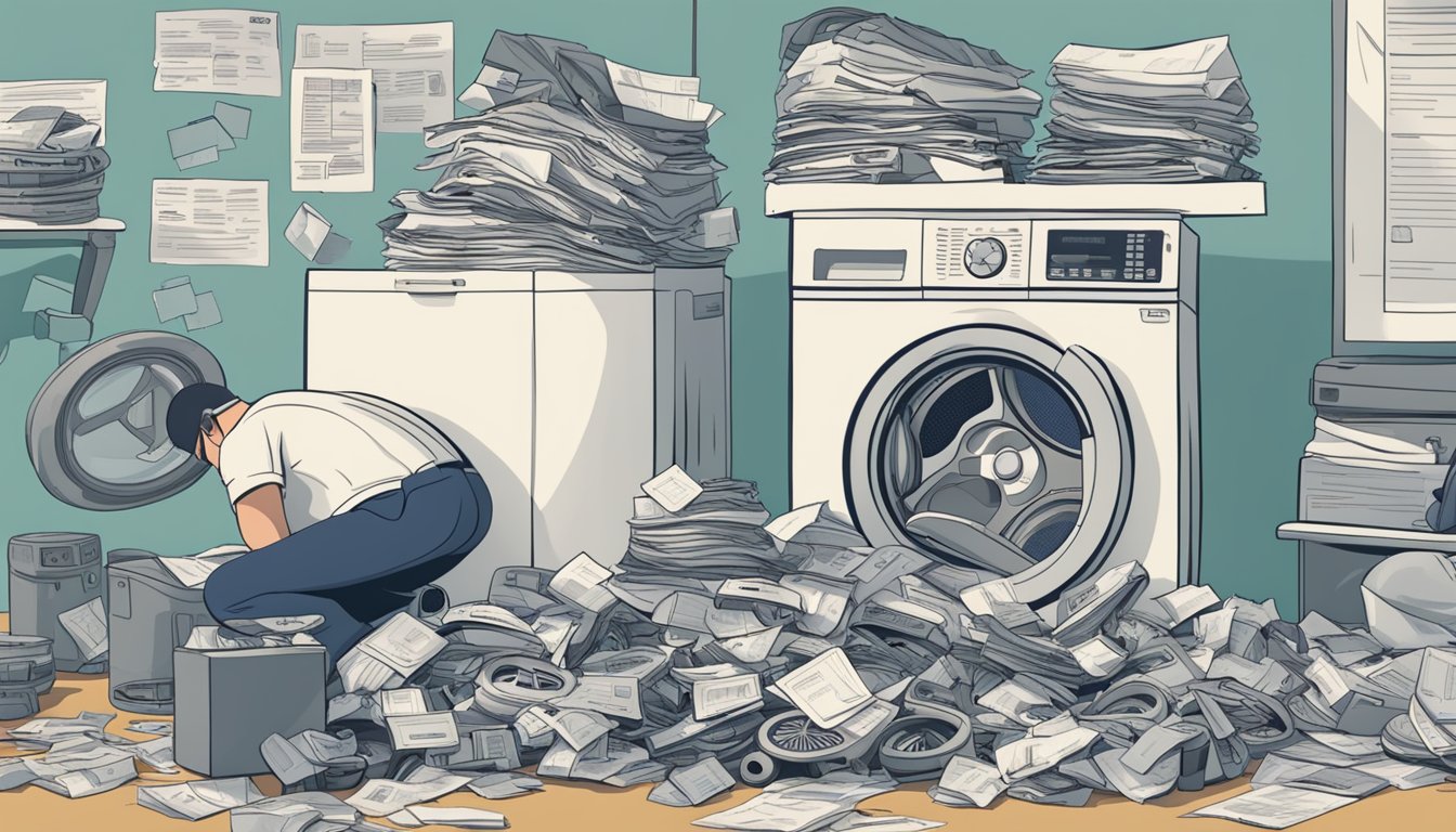 A pile of broken washing machines with price tags and repair receipts scattered around. A frustrated homeowner looks at a list of "brands to avoid" while holding a wrench