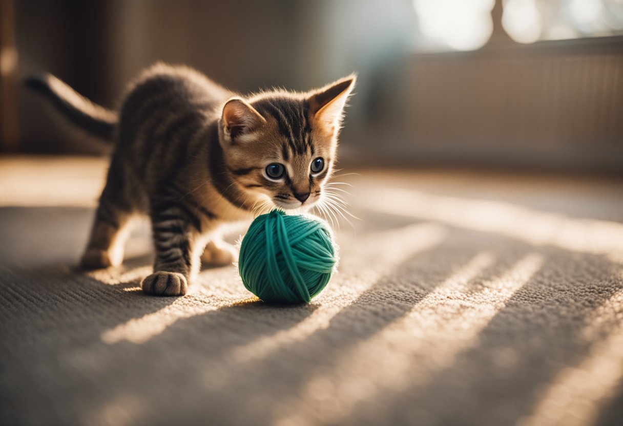 Simba the shorthair kitten pouncing on a ball of yarn in a sunlit room