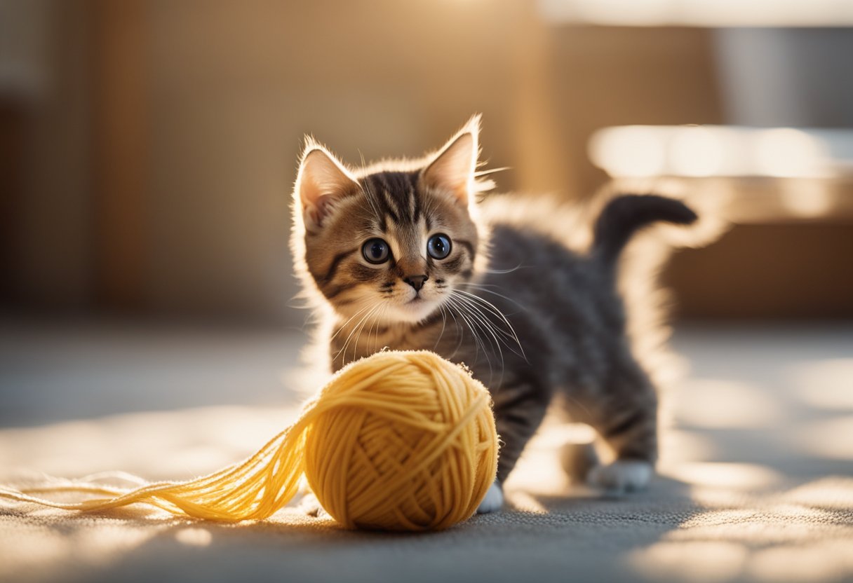 Simba the shorthair kitten plays with a ball of yarn in a sunlit room. His fluffy coat glistens as he pounces and rolls around with playful abandon