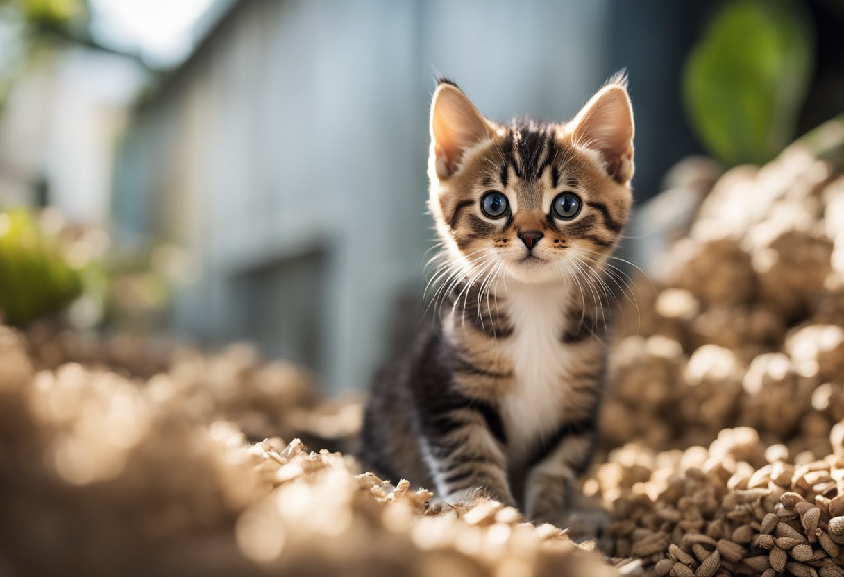 Simba the shorthair kitten sits among a litter, gazing up at the viewer with wide, curious eyes