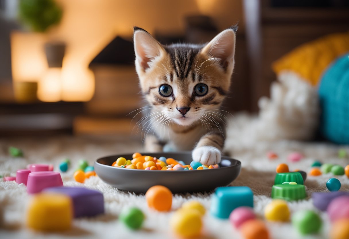Simba the shorthair kitten eagerly eats from a bowl of specially formulated kitten food, surrounded by colorful toys and a cozy bed