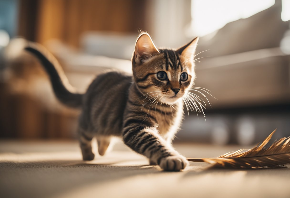 Simba the shorthair kitten pouncing on a feather toy in a sunny living room
