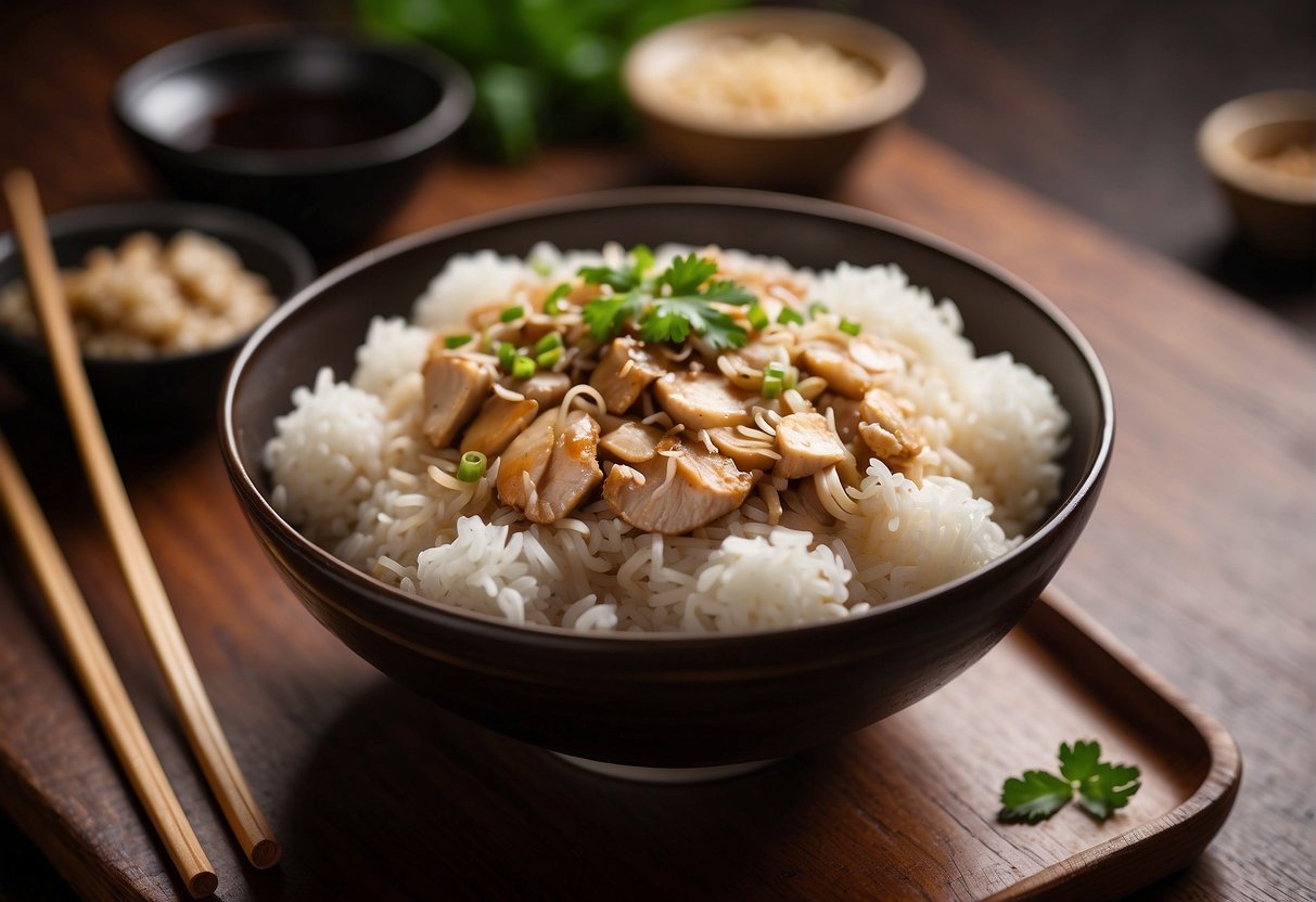 A steaming bowl of chicken mushroom rice sits on a wooden table, surrounded by chopsticks and a small dish of soy sauce