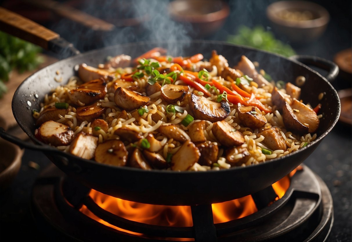 A wok sizzles over an open flame, stir-frying marinated chicken, mushrooms, and rice. Aromatic Chinese spices fill the air