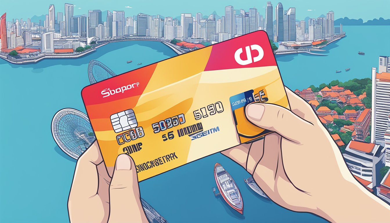 A hand holding the UOB One Credit Card against a backdrop of iconic Singapore landmarks, with a clear blue sky and vibrant cityscape