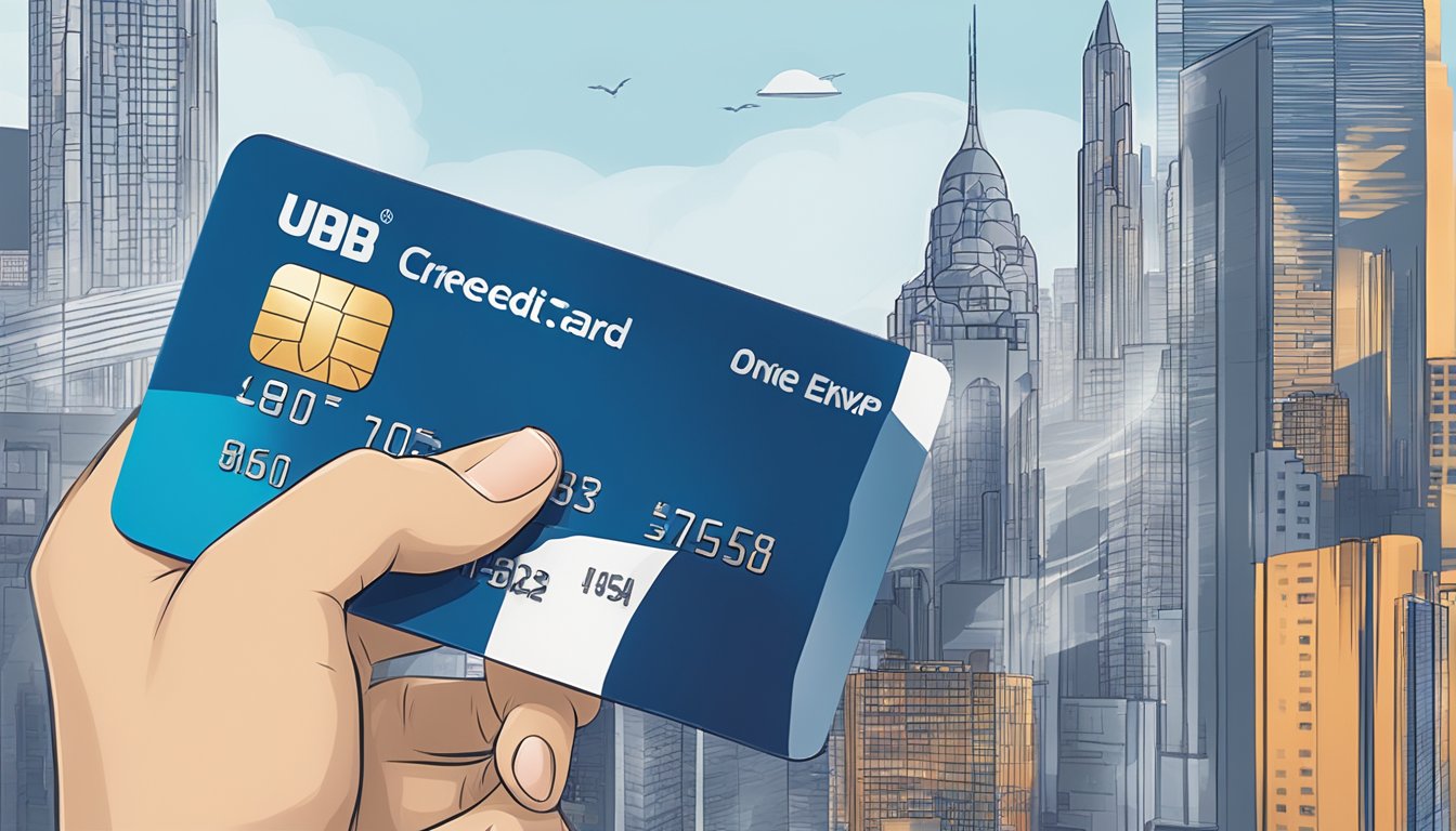 A hand holding a UOB One Credit Card with a city skyline in the background, showcasing the key features and benefits in a sleek and modern design
