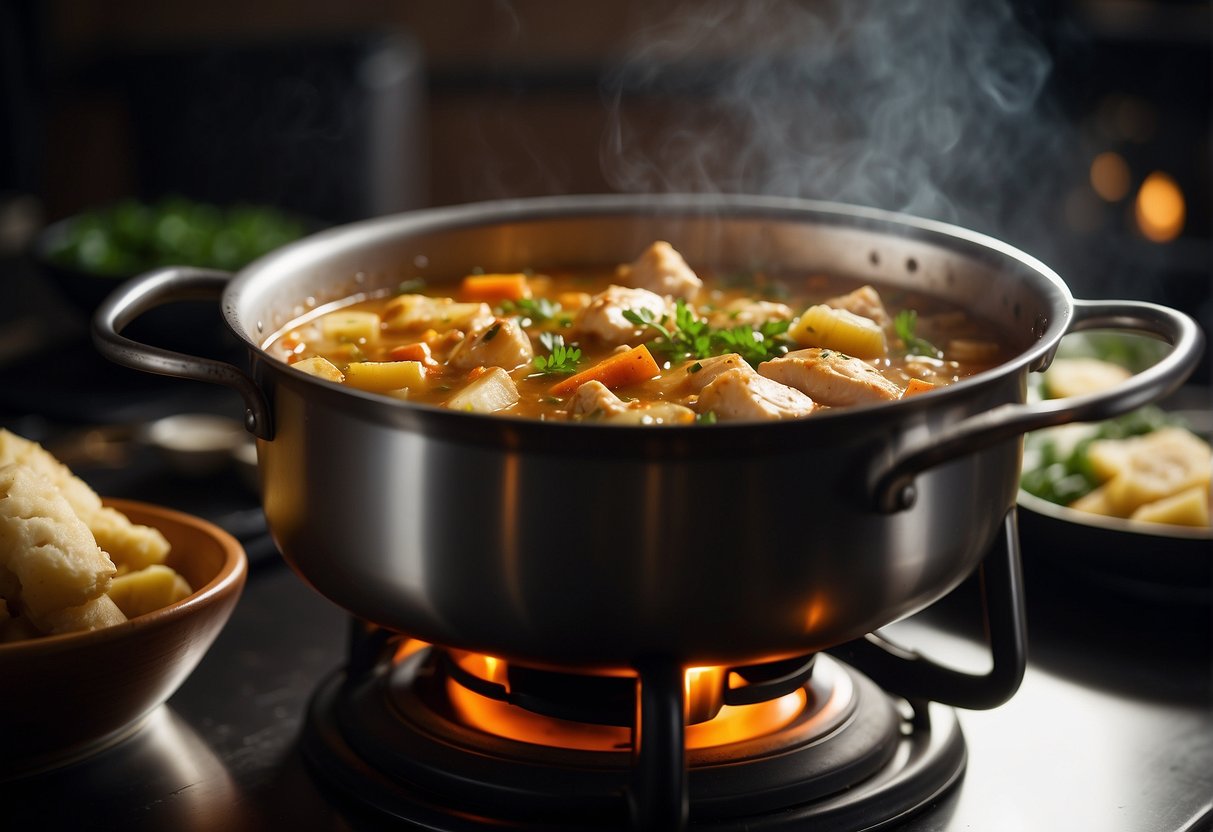 A bubbling pot of chicken potato stew simmers on a stove, with aromatic Chinese spices and herbs wafting through the air