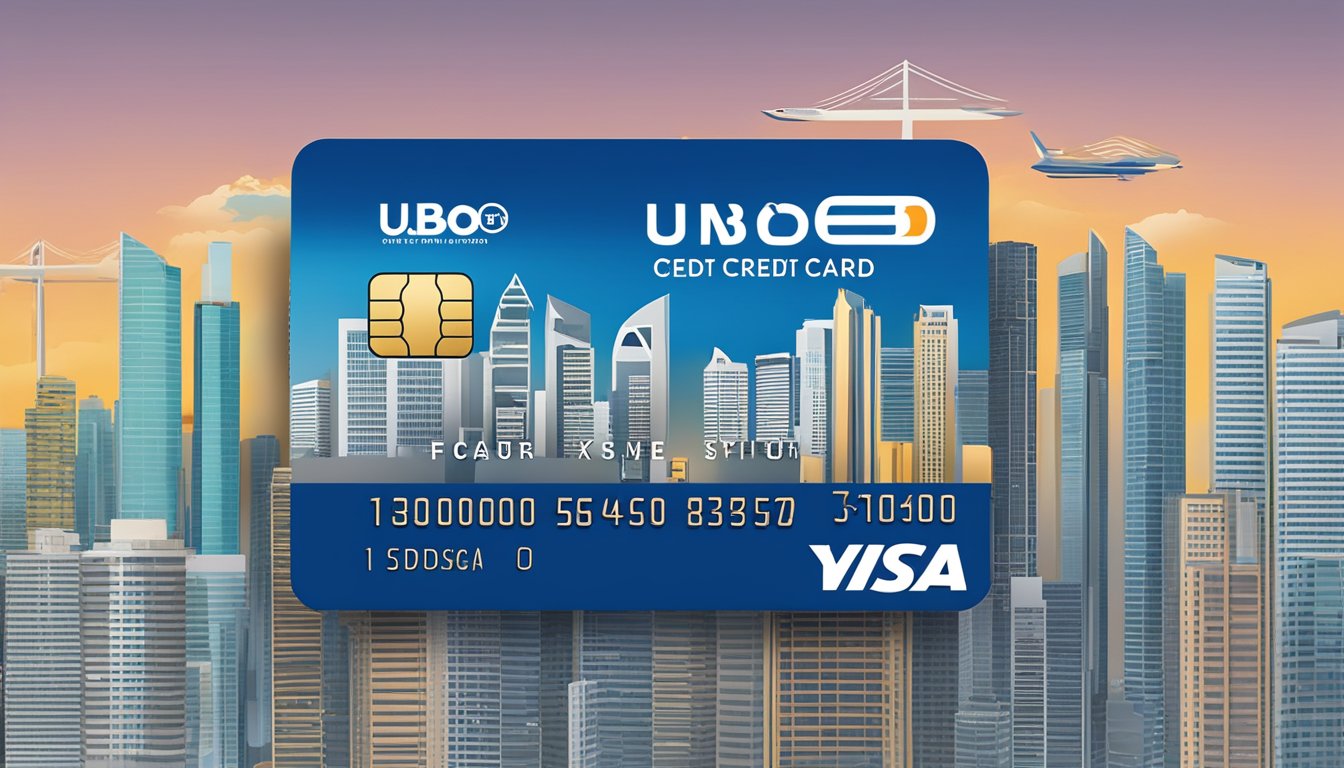 The UOB One Credit Card logo displayed with a list of fees and charges against a backdrop of the Singapore skyline