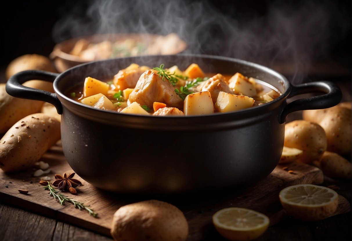 A pot filled with chunks of chicken, potatoes, and Chinese spices simmering in a rich, aromatic stew