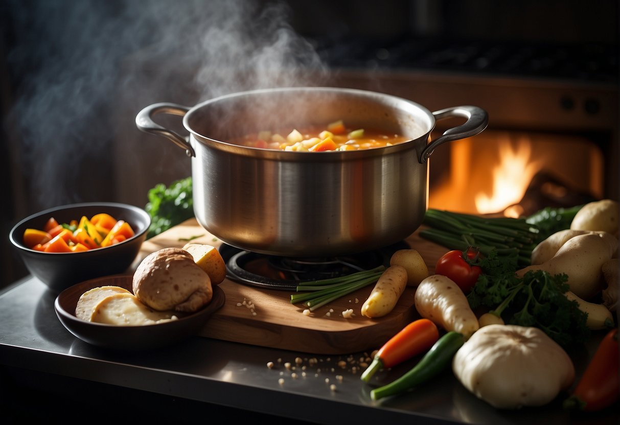 A pot simmers on a stove, filled with chicken, potatoes, and Chinese spices for a hearty stew. Nearby, a cutting board holds chopped vegetables and a recipe book lies open to a page detailing the dish