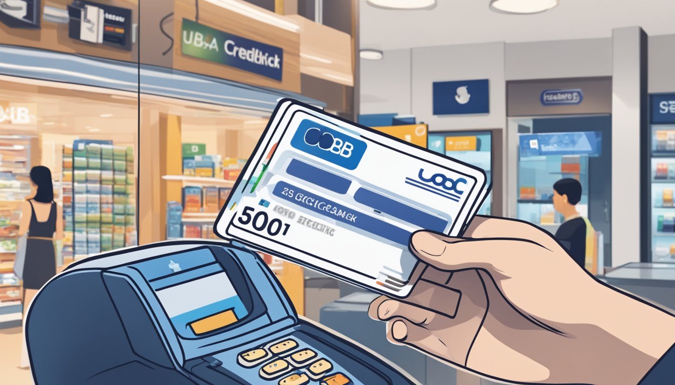 A hand holding a UOB One Credit Card while receiving cashback at a Singapore store. The card is being swiped at the cashier, and a cashback amount is displayed on the screen